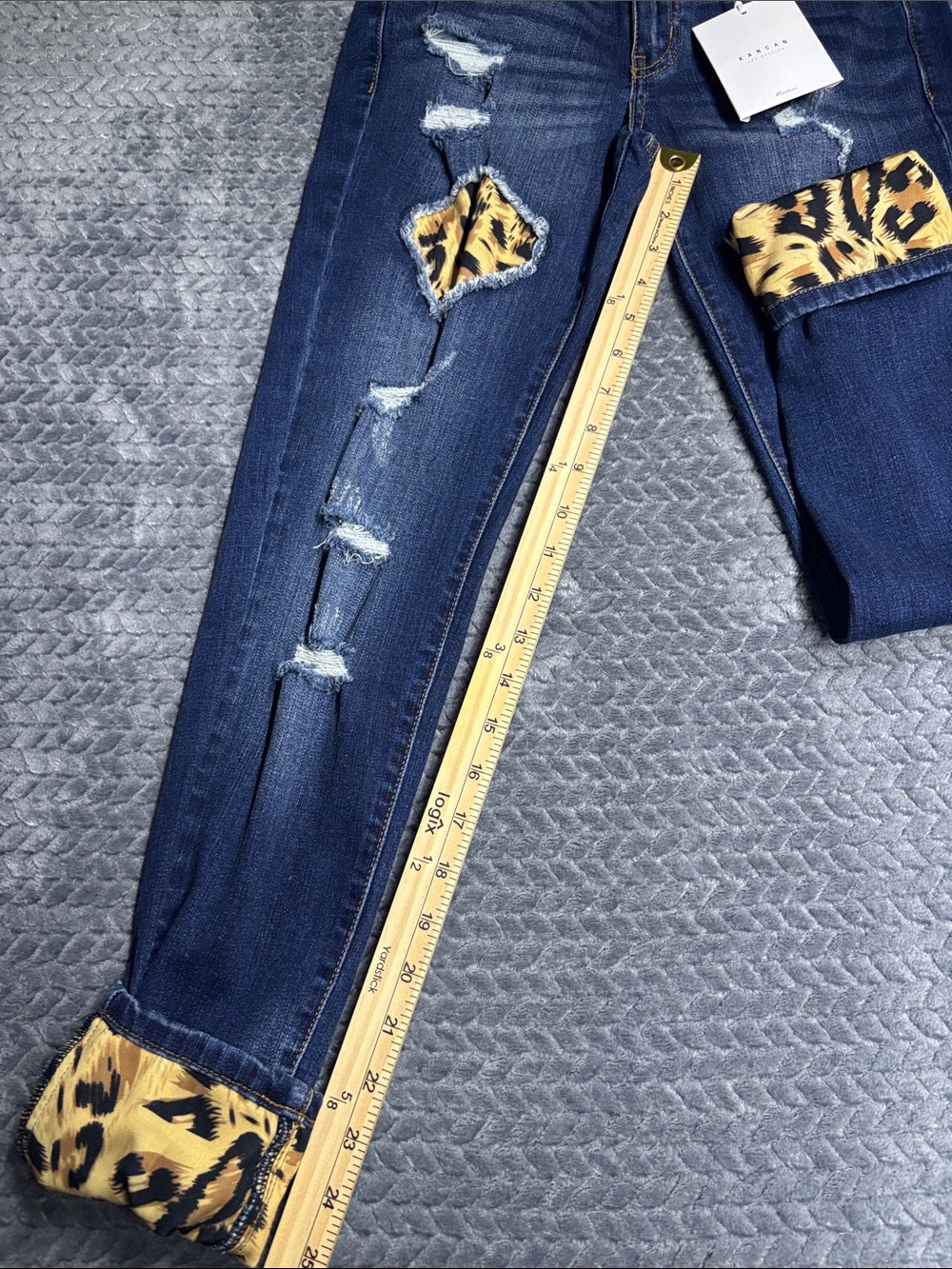 KanCan Dark Blue Distressed Jeans with Yellow Leopard Patch & Cuff - Picture 7 of 8